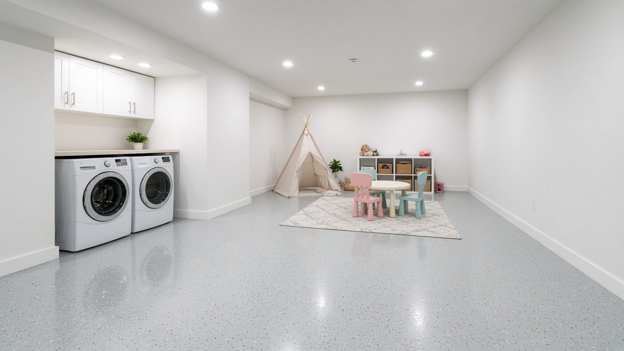 Residential basement and laundry room with glossy flake epoxy floor