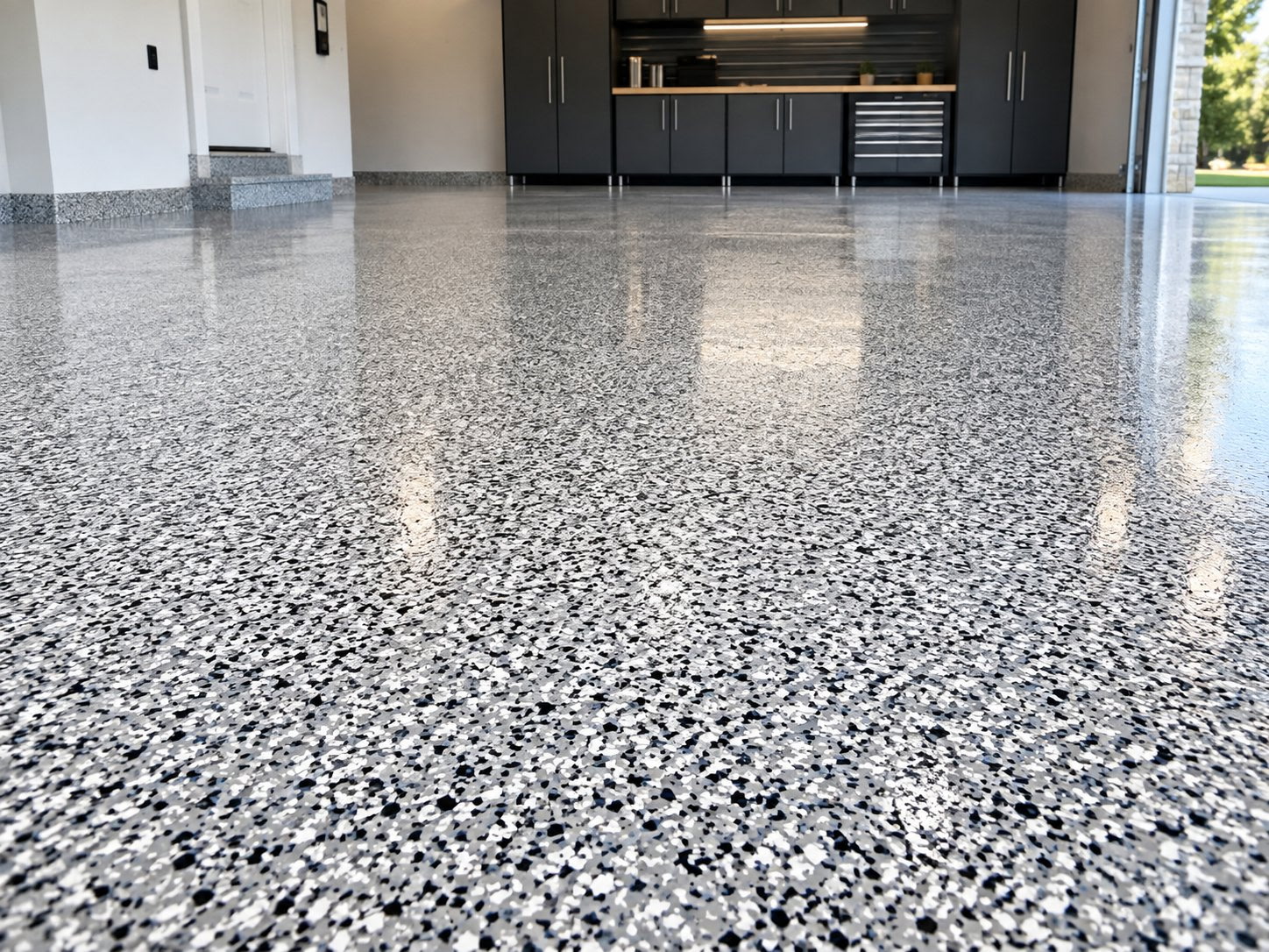 Decorative flake epoxy garage floor finish