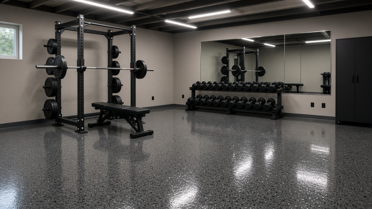 Home gym with glossy dark gray flake epoxy floor