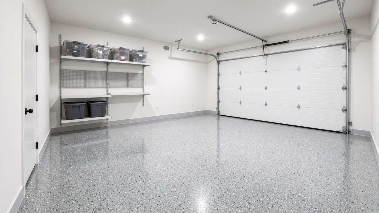 Shiny flake epoxy floor in a two-car garage