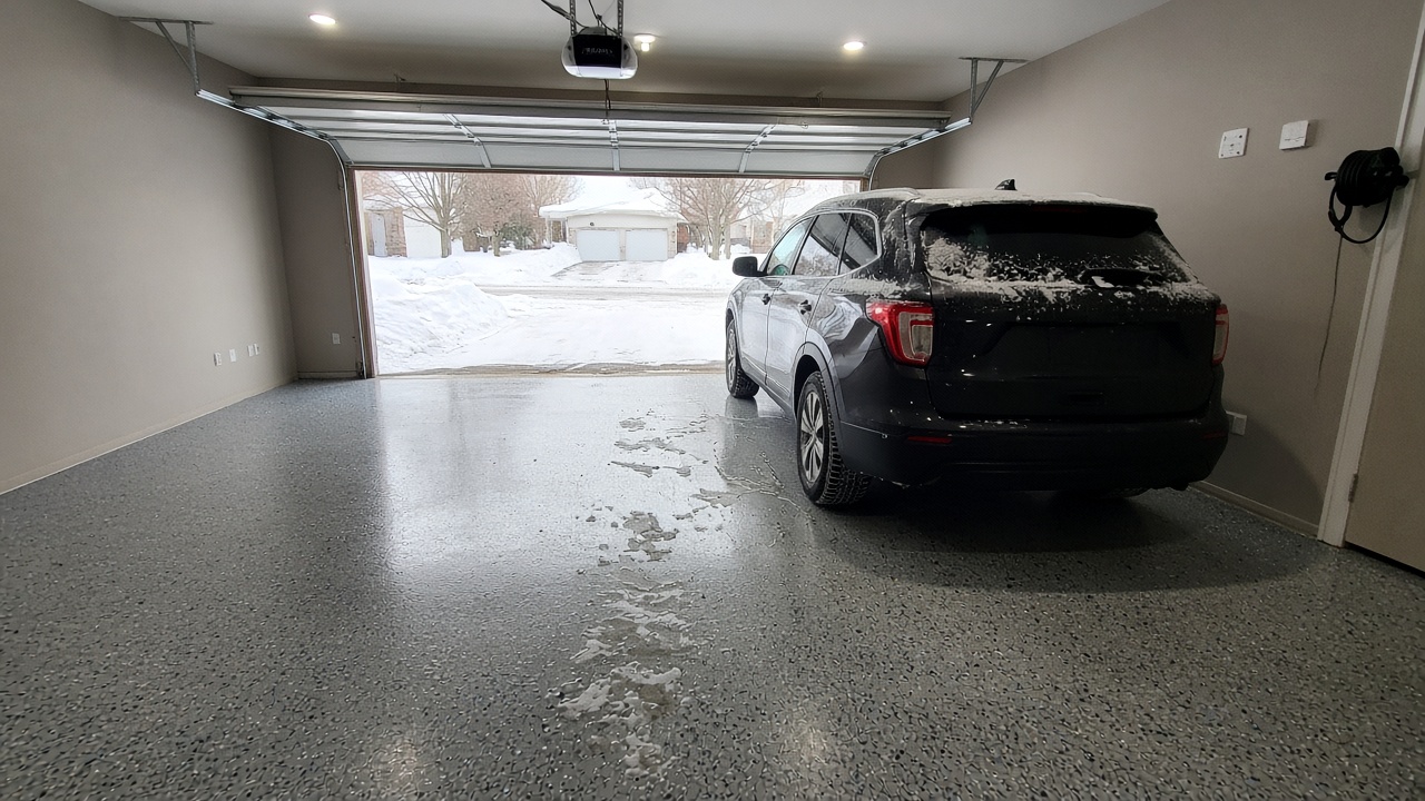 Three-car garage with shiny flake epoxy floor in winter
