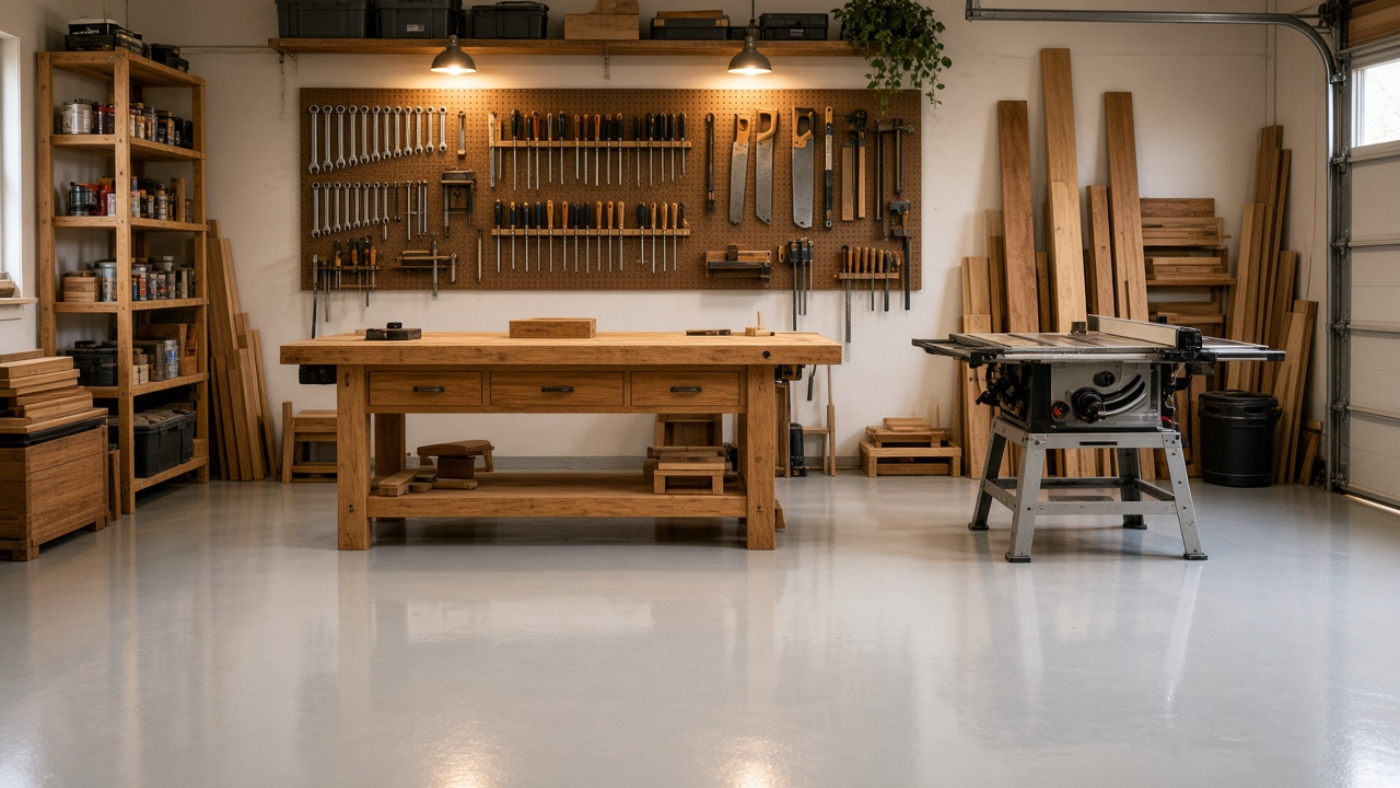 Shiny solid gray epoxy floor in a workshop
