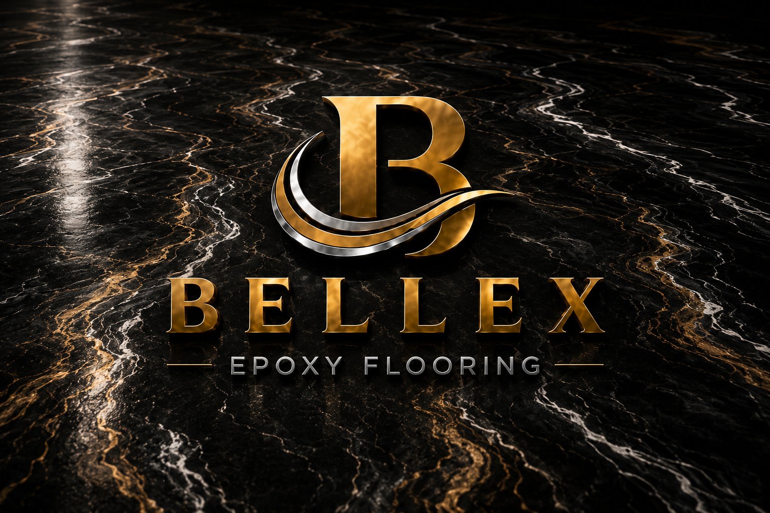 Bellex Epoxy Flooring gold and silver logo on a glossy black marble epoxy floor with gold veining.